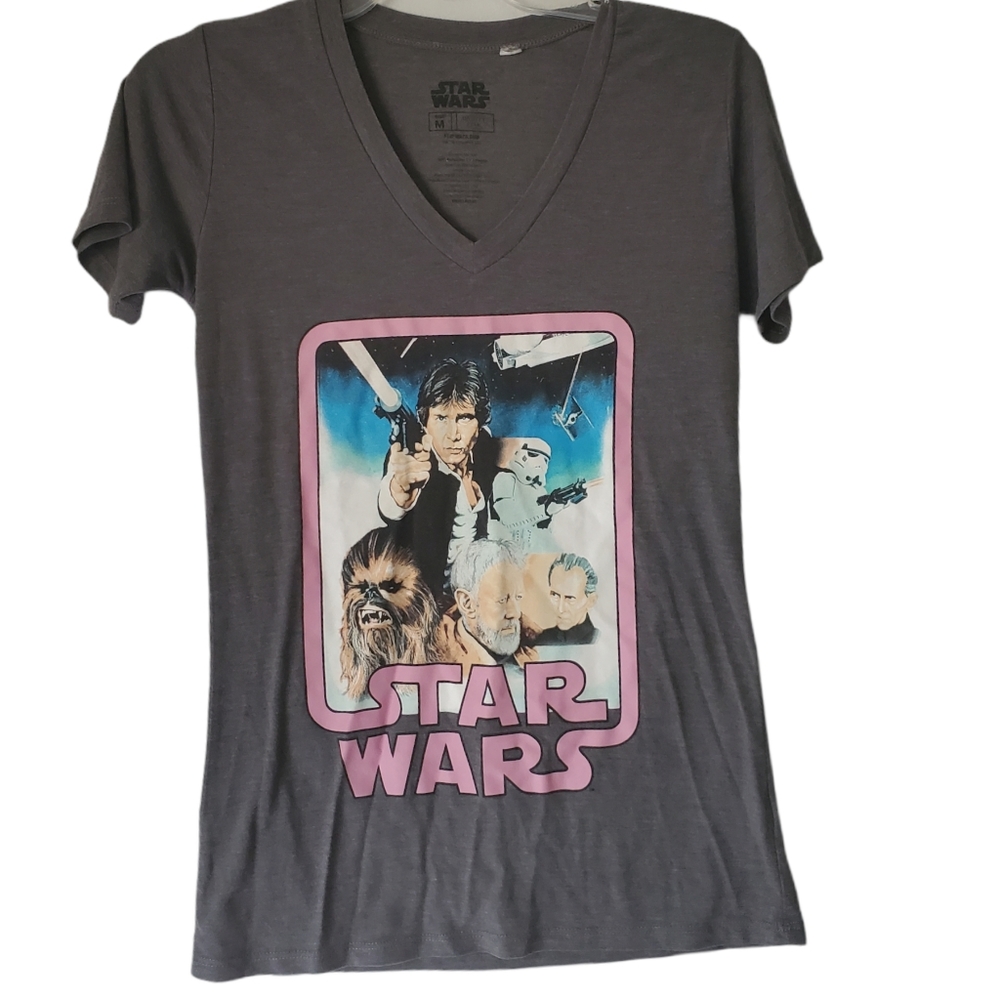 Star Wars Retro Hans Solo Chewbacca OBI-Wan V neck Gray and Pink T shirt